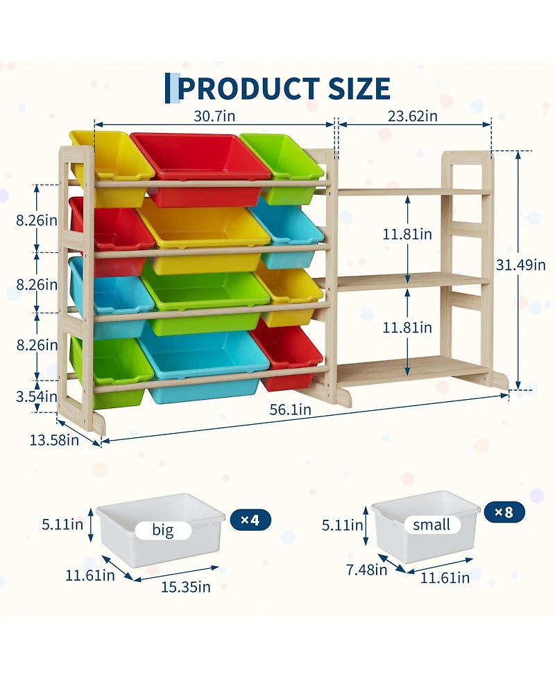 gaomon Kids Toy Storage Organizer 56" Wide Wood Bookshelf with 12 Bins and 3 Open Shelves Anti-Tip Rounded Edges for Playroom Bedroom Nursery