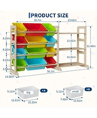 gaomon Kids Toy Storage Organizer 56" Wide Wood Bookshelf with 12 Bins and 3 Open Shelves Anti-Tip Rounded Edges for Playroom Bedroom Nursery