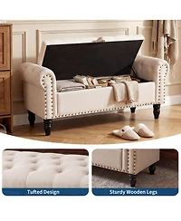 gaomon Storage Bench 51 Inch Upholstered Button Tufted Ottoman with Rolled Arms Safety Hinge Linen Fabric for Bedroom Entryway