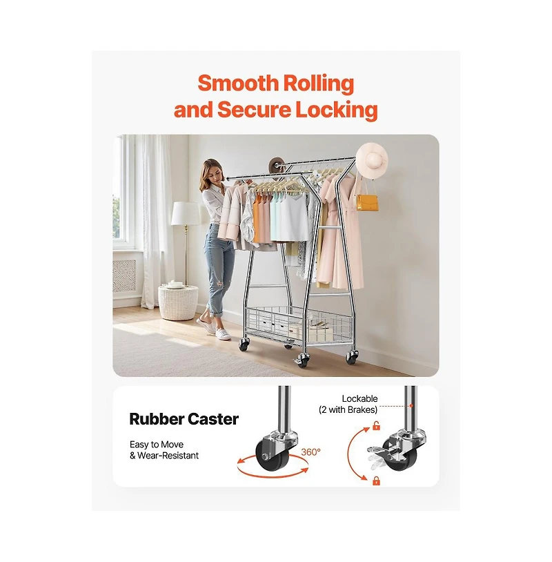 Slickblue Adjustable Rolling Garment Rack with Double Rods and Storage Basket for Laundry Room