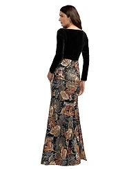 Mac Duggal Women's Black Long Sleeve Floral Embellished Velvet Gown