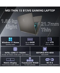 Msi Thin 15 15.6" Fhd Rtx 4050 Gaming Laptop, 144Hz, Intel Core i7-13620H, 32GB Ram, 2TB Ssd, Wi-Fi 6, Win11 Home, Black