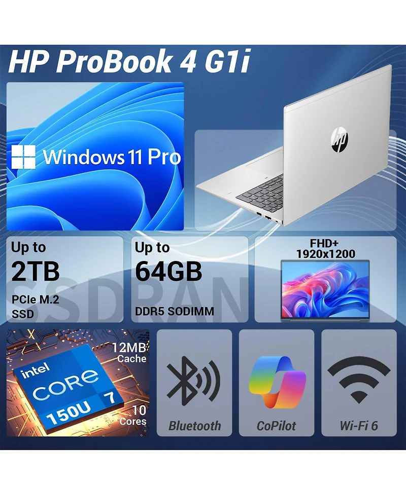 Hp ProBook 4 16" Fhd+ Ips Business Ai Laptop, Intel Core 7 150U, 16GB DDR5, 512GB Ssd, Wi-Fi 6, Win11 Pro, Silver