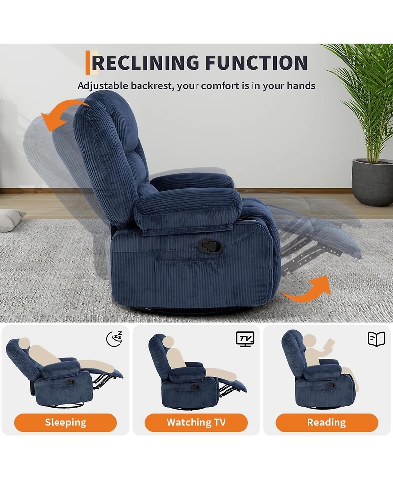 Oversized Swivel Rocker Recliner with Massage and Heat, Corduroy, Extra Wide Seat