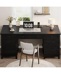 60" Farmhouse Executive Desk with File Drawers, Charging Station and Cabinet Storage
