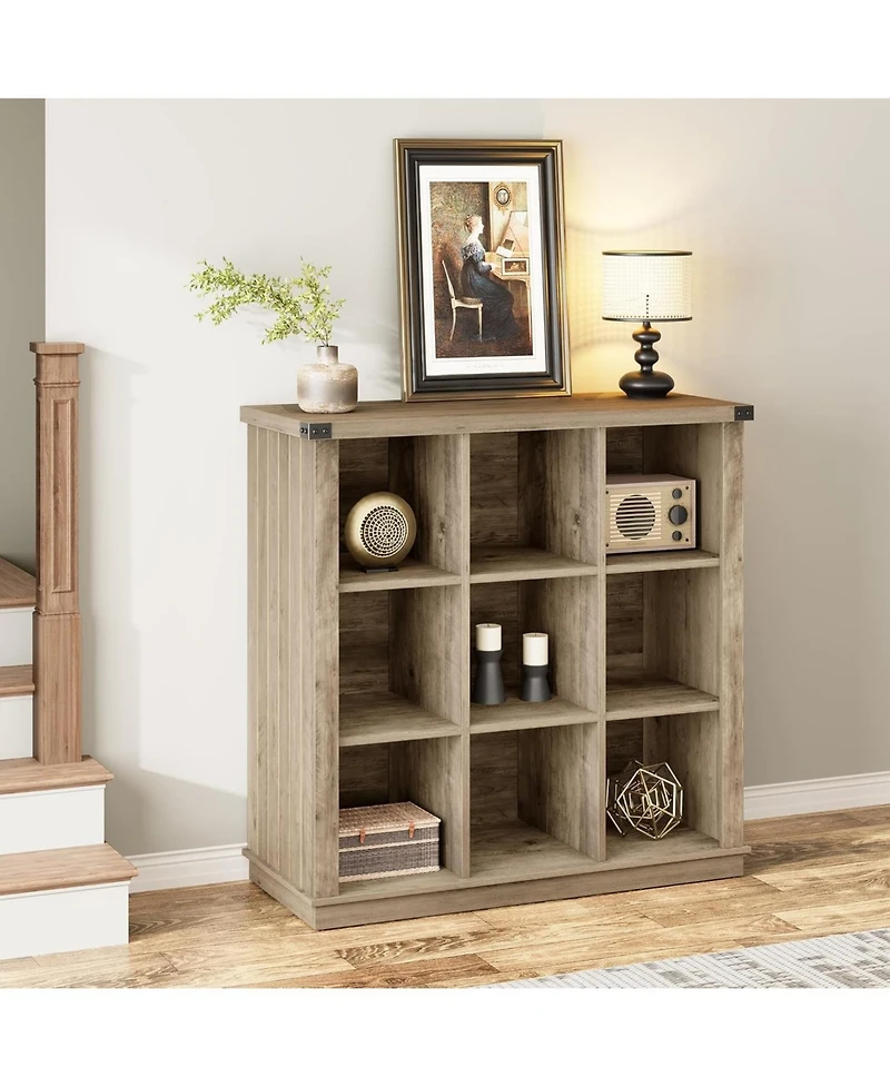 37.4" 9-Cube Farmhouse Horizontal Bookcase, 4-Tier Storage Organizer for Entryway and Living Room