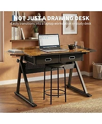 Height Adjustable Drafting Table with Stool, 0-75degree(s) Tilting Art Desk with 2 Drawers