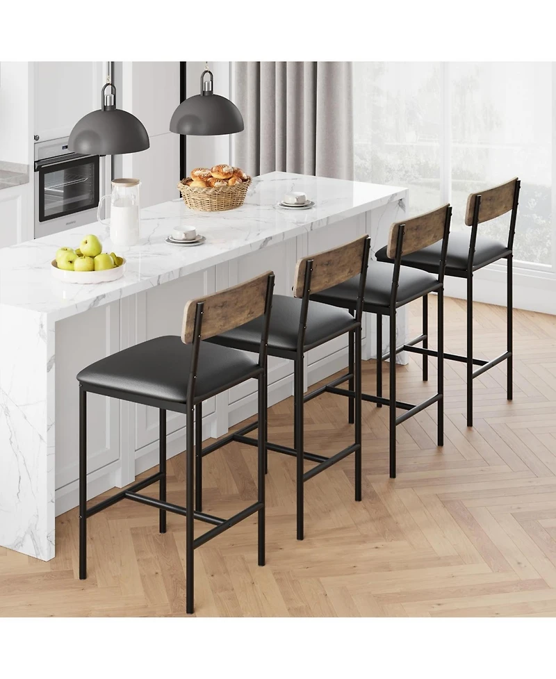 Faux Leather Bar Stools Set of 4 Counter Height 25.5" Black Kitchen Island Chairs with Backrest Footrest Metal Legs Cushioned Seat for Dining Room