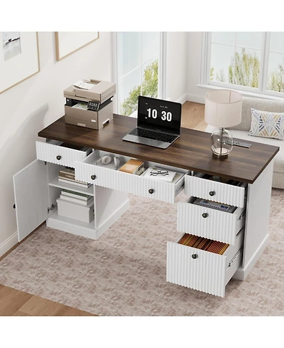 60" Modern Executive Desk with Storage Cabinet and Drawer, Fluted Design