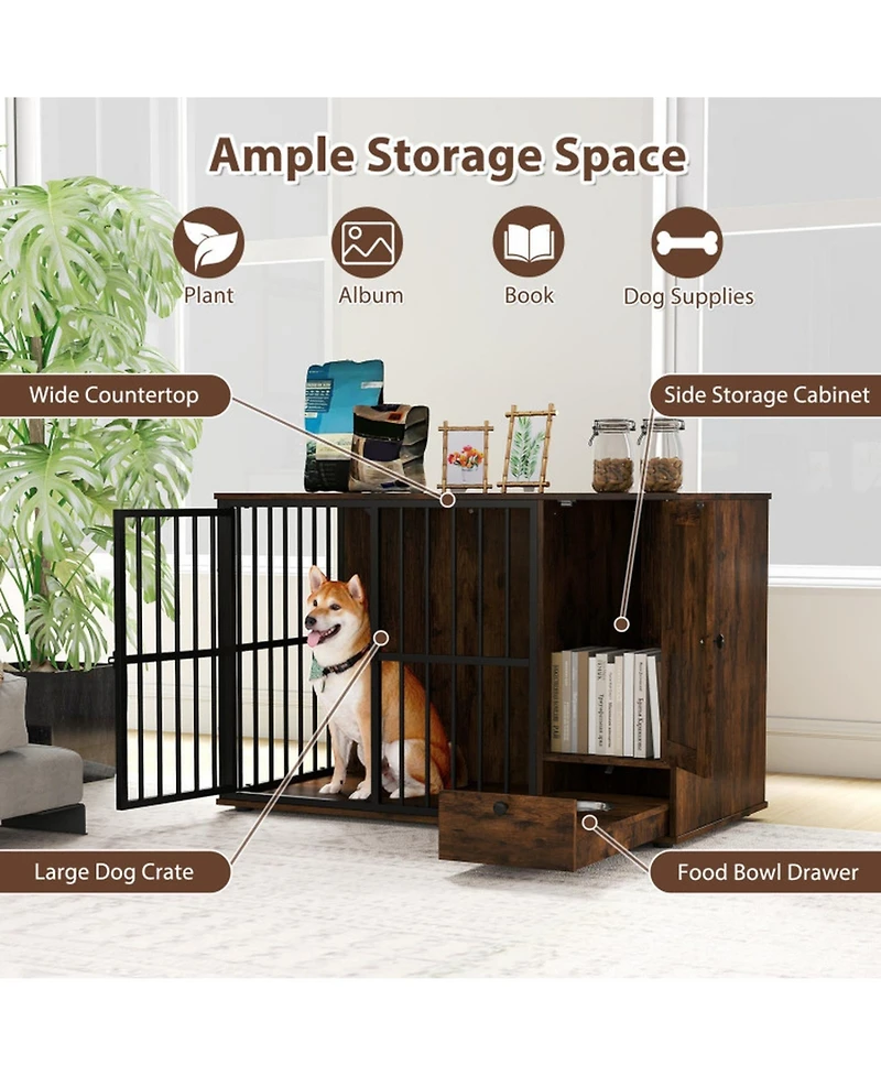 Sugift 47.5 Inch Dog Crate Furniture with Hidden Pull-Out Feeding Bowls Storage Cabinet and Lockable Door