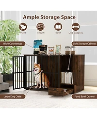Sugift 47.5 Inch Dog Crate Furniture with Hidden Pull-Out Feeding Bowls Storage Cabinet and Lockable Door