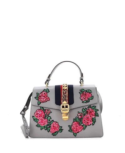 Pre-Owned Gucci Medium Sylvie Top Handle Bag Embroidered Leather