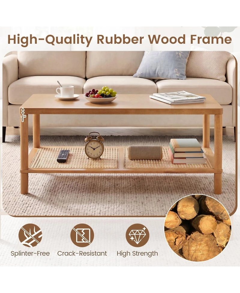 Sugift 2-Tier Boho Rectangular Coffee Table with Rubber Wood Frame and Woven Storage Shelf