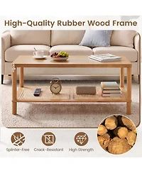 Sugift 2-Tier Boho Rectangular Coffee Table with Rubber Wood Frame and Woven Storage Shelf