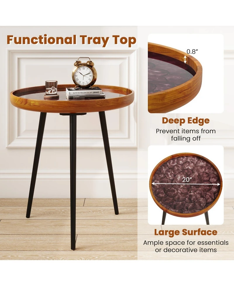 Sugift 20 Inch Handcrafted Round End Table with Sea Shell Tray Top and Epoxy Resin Finish