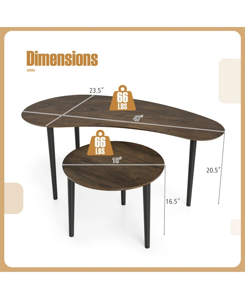 Sugift Mid Century Nesting Tables Set of 2 with Kidney Shaped Top and Rubber Wood Legs