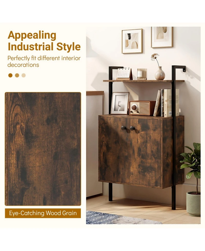Sugift Wall Mount Bookshelf with 2-Door Storage Cabinet and 2-Tier Open Shelving