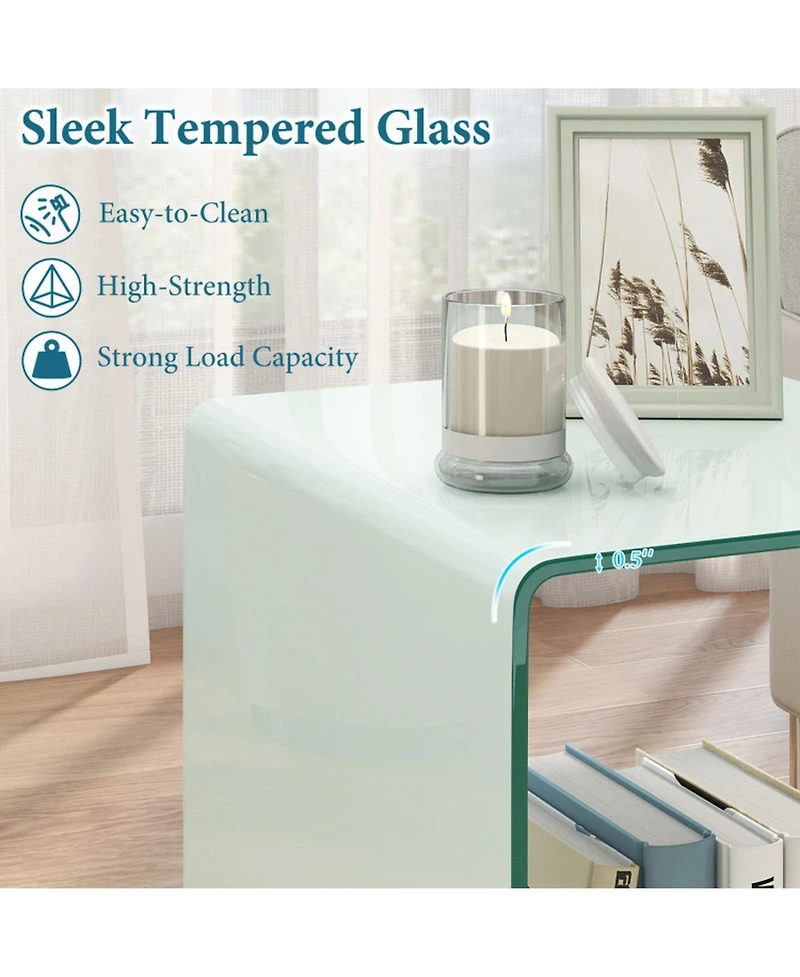 Sugift C-Shaped End Table with Tempered Glass Shelves and Detachable Lockable Wheels