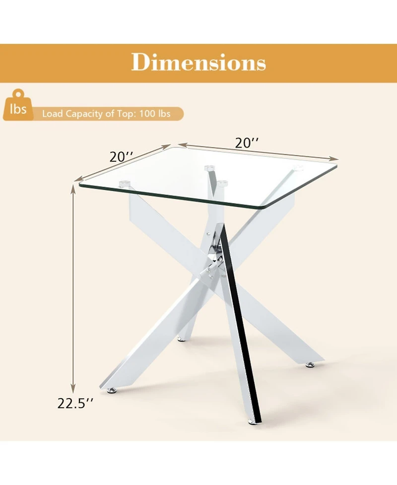 Sugift Square Glass End Table with Tempered Glass Top and Double X Metal Base
