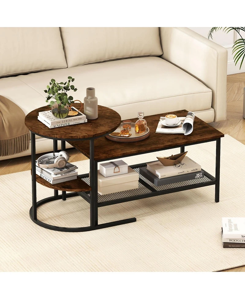 Sugift Industrial 2-Piece Faux Marble Coffee Table and End Table Set with Storage Shelves