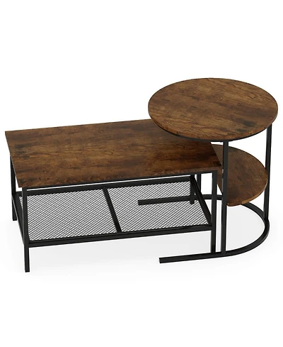 Sugift Industrial 2-Piece Faux Marble Coffee Table and End Table Set with Storage Shelves