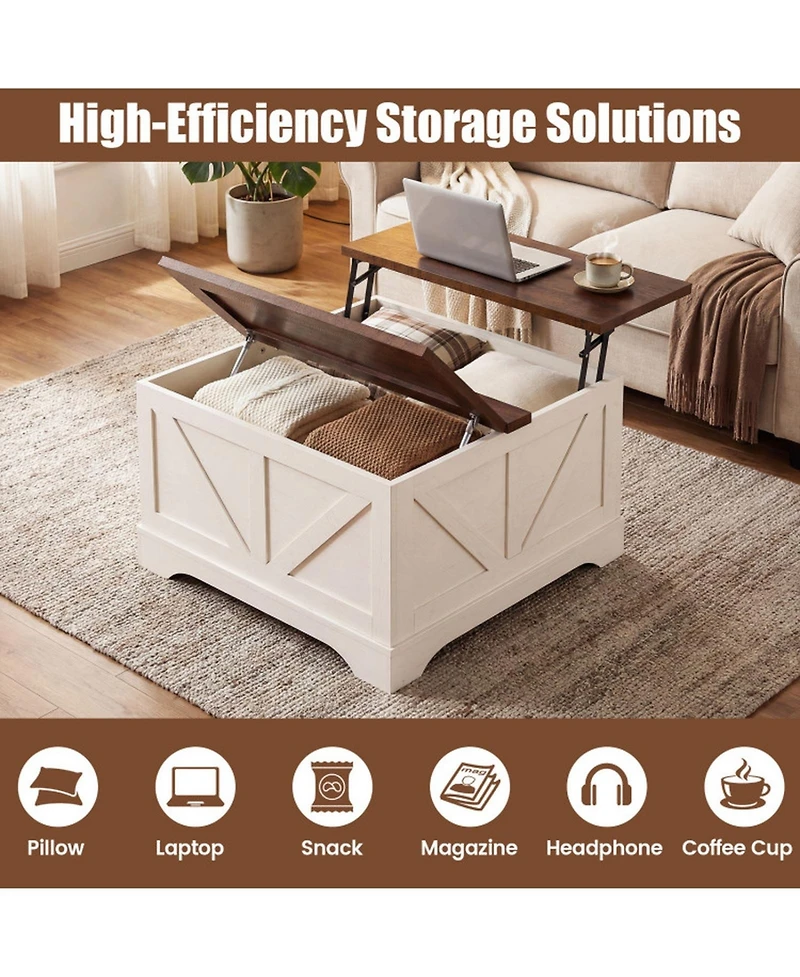 Sugift 31.5 Inch Square Lift Top Coffee Table Farmhouse Barn Door Design with Hidden Compartment