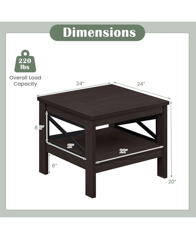 Sugift 2-Tier Square Side Table with Farmhouse X-Frame Legs and Bottom Storage Shelf