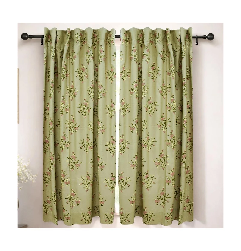 Fabdivine Handcrafted Floral Block Print Viscose Linen Curtains Panel