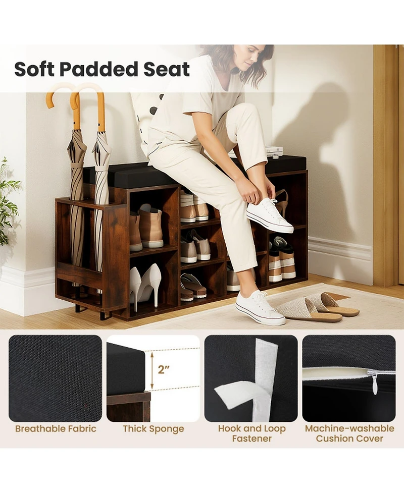 Sugift 10-Cubby Shoe Storage Bench with Umbrella Stand and Padded Seat Cushion