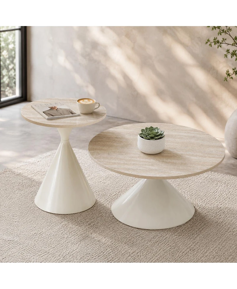 Streamdale Furniture 2-Piece Round Travertine Coffee Table Set