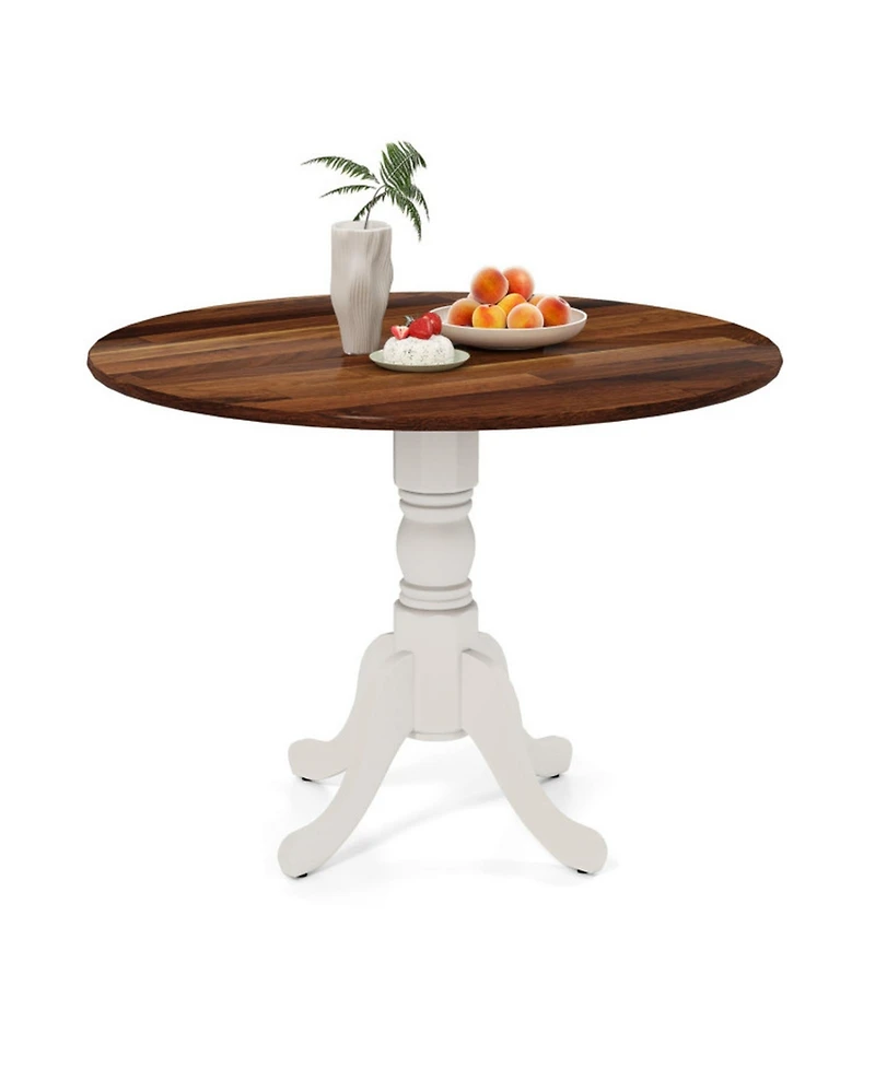 Sugift Wooden Dining Table with Round Tabletop and Curved Trestle Legs Solid Rubber Wood Kitchen Table