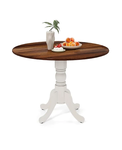 Sugift Wooden Dining Table with Round Tabletop and Curved Trestle Legs Solid Rubber Wood Kitchen Table