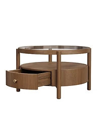 Streamdale Furniture Solid Wood Round Glass Top Coffee Table with Storage Drawer