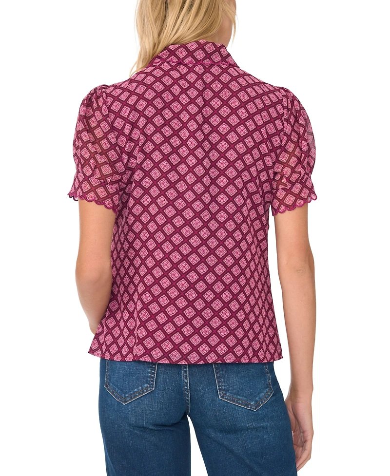 CeCe Women's Short-Sleeve Scallop Trim Button Up Blouse