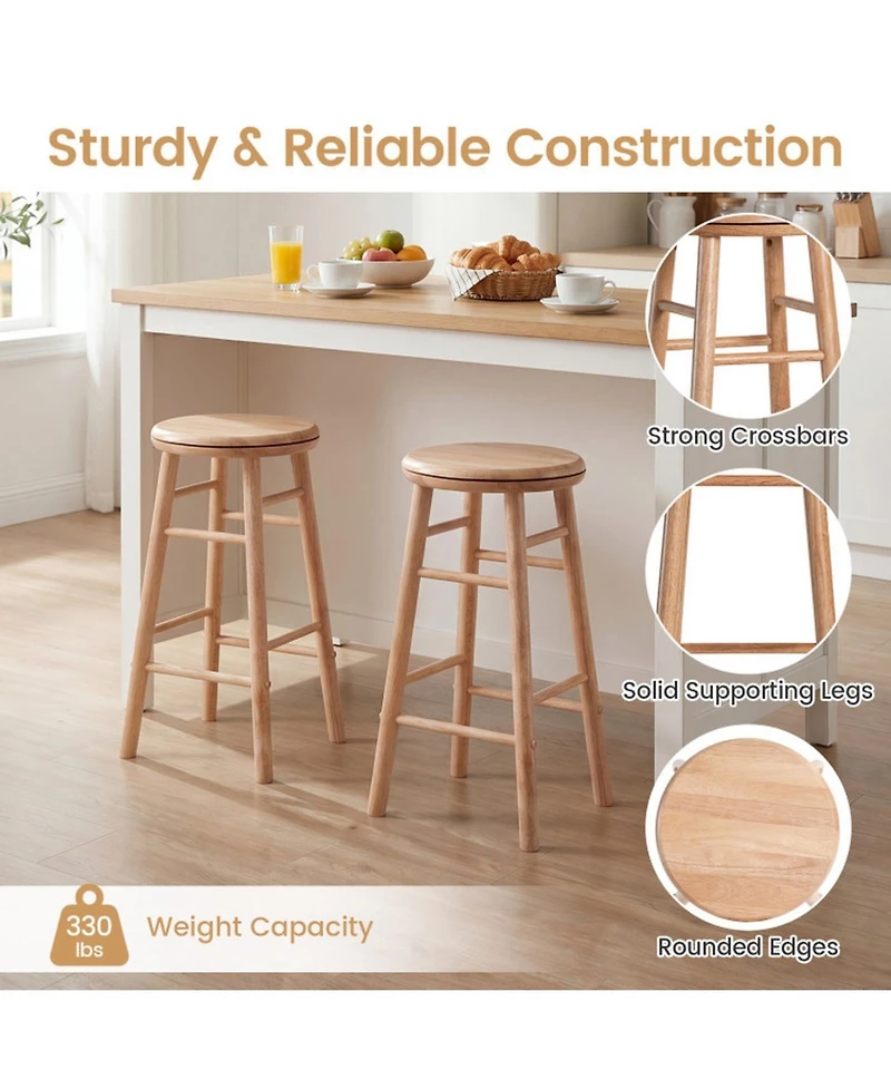 Sugift Rubber Wood Swivel Bar Stools Set of 2 Counter Height 24 Inch Round Seats with Footrests