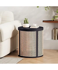Flynama Round Rattan End Table, 15.7 Inch Woven Side Table with Rubber Wood Top, Small Nightstand for Living Room Bedroom