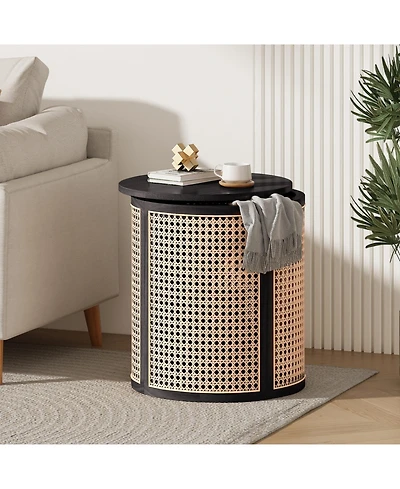 Flynama Round Rattan End Table, 15.7 Inch Woven Side Table with Rubber Wood Top, Small Nightstand for Living Room Bedroom