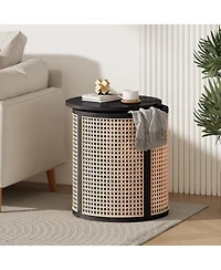 Flynama Round Rattan End Table, 15.7 Inch Woven Side Table with Rubber Wood Top, Small Nightstand for Living Room Bedroom