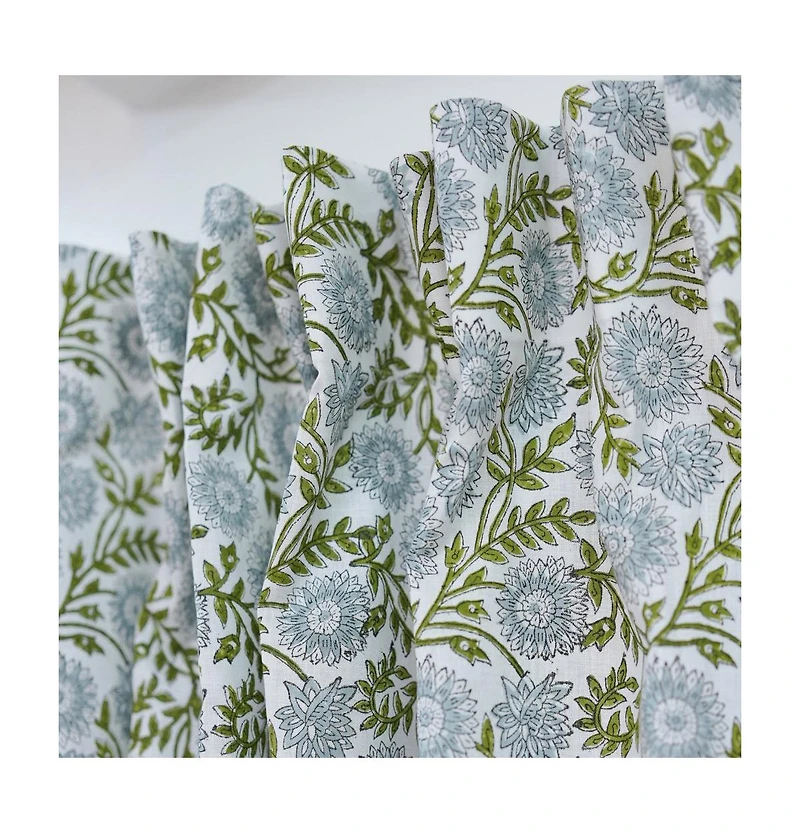Fabdivine Bohemian Floral Handmade Linen Curtain Nature Block Print Window Panel Rajat