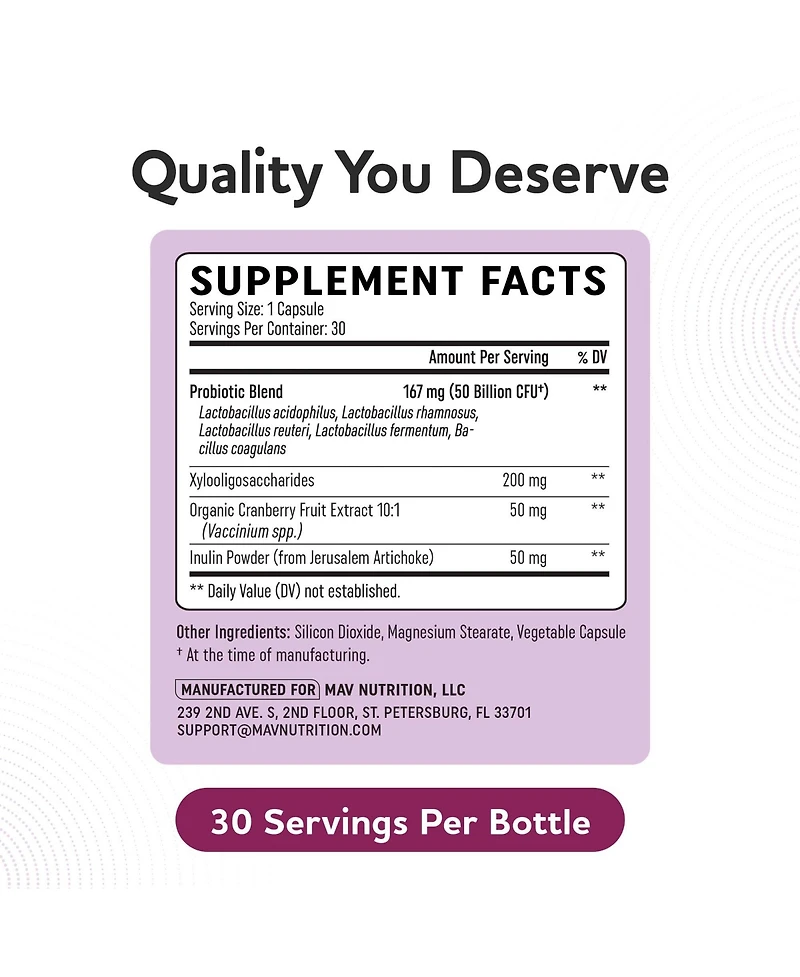 Mav Nutrition Vaginal Probiotics with Prebiotics and Cranberry Extract, 50 Billion Cfu, 30 Capsules