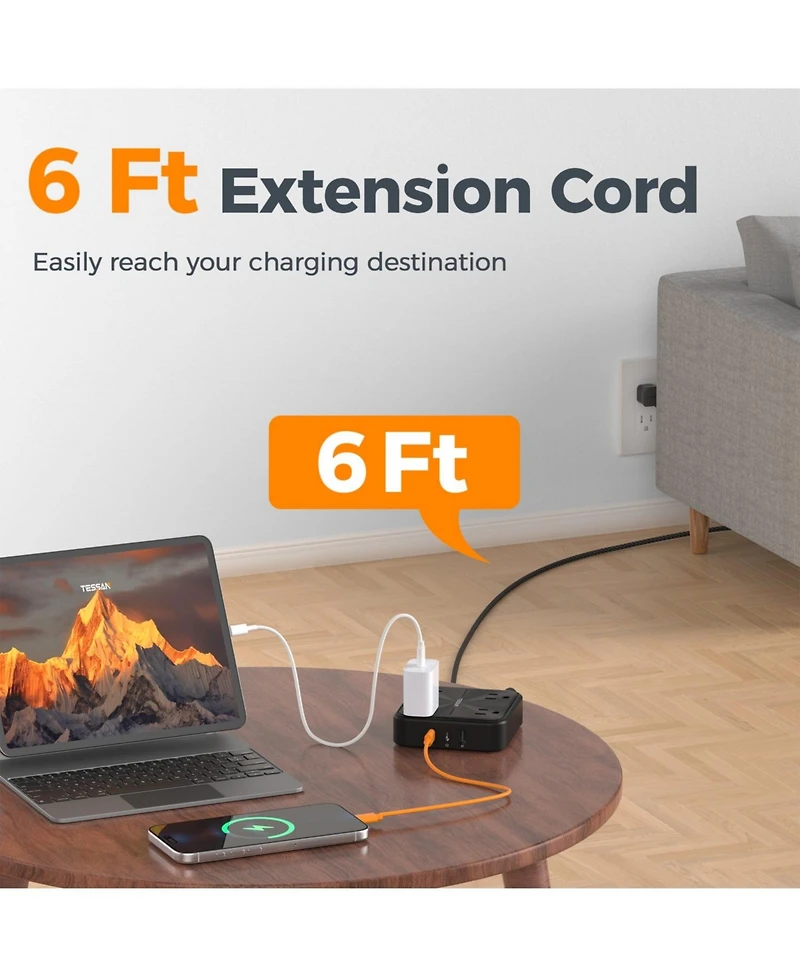 Tessan 7-in-1 Power Strip, 4 Ac Outlets + 3 Usb Ports, 20W Usb-c, 1050J Surge Protection, 6 ft Cord for Home and Office