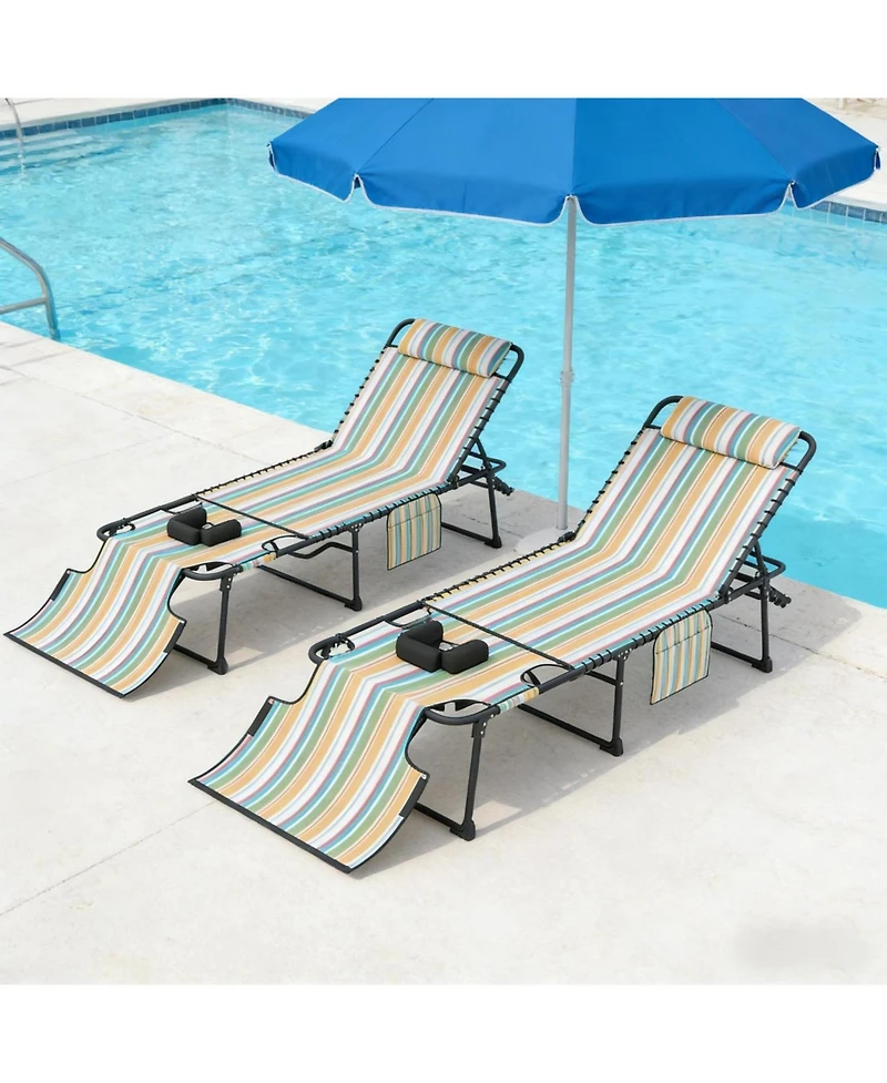ECHTPeak 2 Piece Folding Chaise Lounge, with Face Hole, 5-Level Reclining Back, with Side Pocket and Headrest, for Beach, Yard, Patio