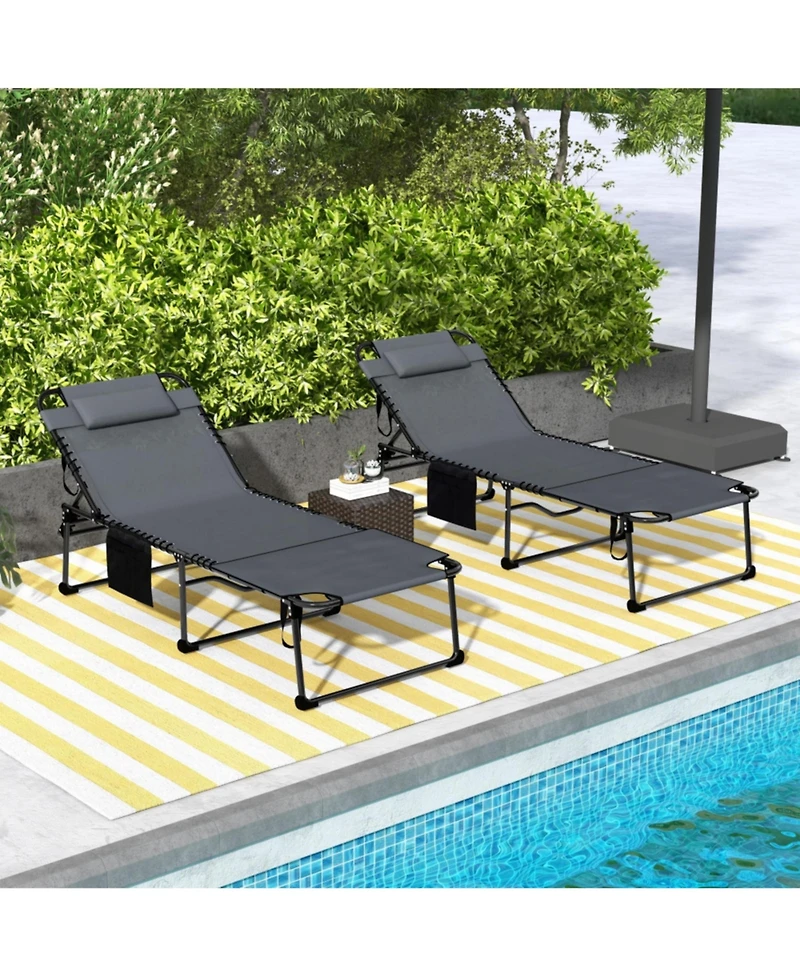 ECHTPeak 2 Piece Folding Chaise Lounge with 5-level Reclining Back, Outdoor Lounge Chair with Side Pocket and Headrest for Beach, Yard, Patio