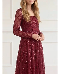 Needle & Thread Women's Bow Lattice Long Sleeve Sequin Gown