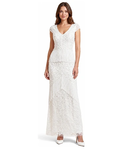 Lara Women's Cap Sleeve Bridal Beaded Gown with Fringe