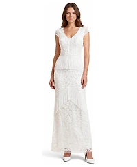 Lara Women's Cap Sleeve Bridal Beaded Gown with Fringe