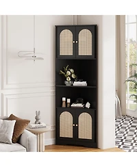 Vabches 67" H Tall Corner Cabinet, Rattan Storage Cabinet with Adjustable Shelves, Corner Bookshelf