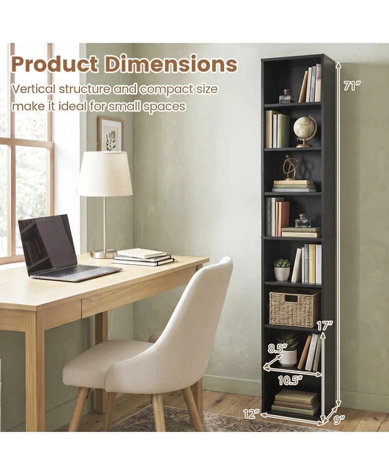 Sugift 8-Tier Narrow Bookshelf with 4 Adjustable Shelves and Storage Cubes