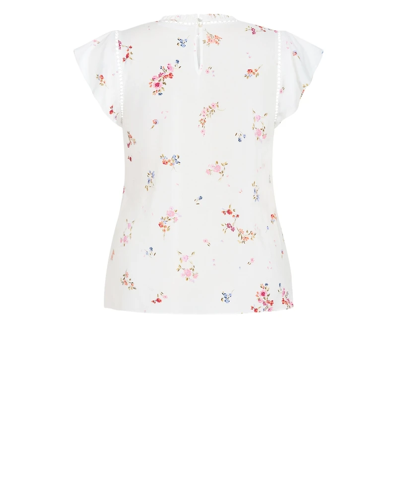 City Chic Plus Fleur Petal Print Top with Frilled-Crew Neckline and Short Flutter Sleeves