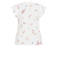 City Chic Plus Fleur Petal Print Top with Frilled-Crew Neckline and Short Flutter Sleeves